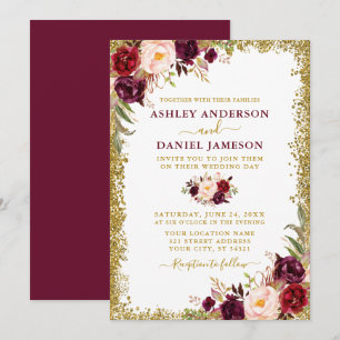 Invitation Aquarelle Bourgogne Floral Parties scintillant or 
