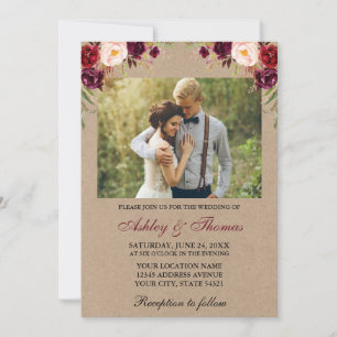 Invitation Aquarelle Bourgogne Floral Photo Kraft Mariage