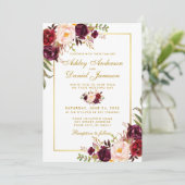 Invitation Aquarelle Bourgogne Floral Photo Mariage or (Debout devant)