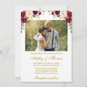 Invitation Aquarelle Bourgogne Floral Photo Mariage Or