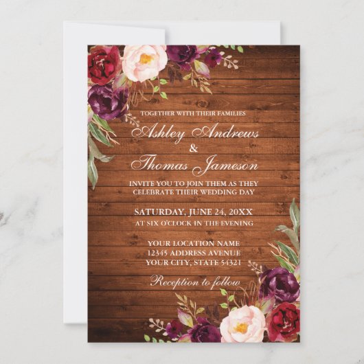 Invitation Aquarelle Bourgogne Floral Rustique Bois Mariage (Devant)