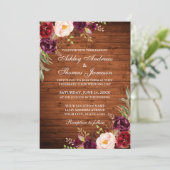 Invitation Aquarelle Bourgogne Floral Rustique Bois Mariage (Debout devant)