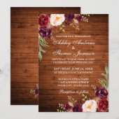 Invitation Aquarelle Bourgogne Floral Rustique Bois Mariage (Devant / Derrière)