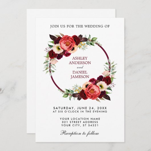 Invitation Aquarelle Bourgogne Floral Wreath Boho Mariage (Devant / Derrière)