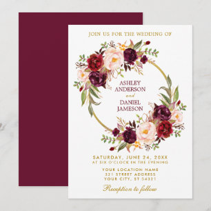 Invitation Aquarelle Bourgogne Floral Wreath Gold Mariage B