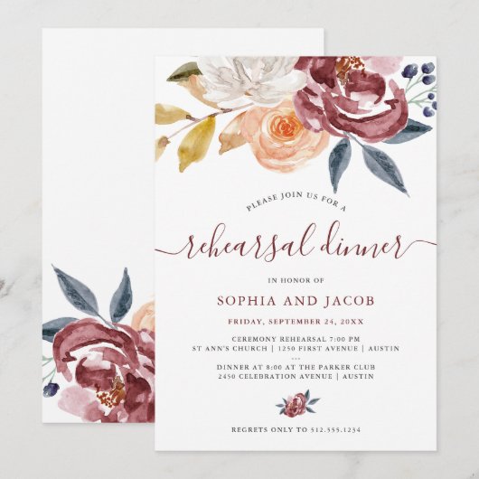 Invitation Aquarelle Bourgogne Florale | Dîner de répétition (Devant / Derrière)
