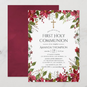 Invitation Aquarelle Bourgogne Florale Première Communion Sai