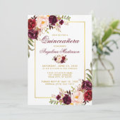 Invitation Aquarelle Bourgogne Florale Quinceanera Or (Debout devant)