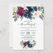 Invitation Aquarelle Bourgogne Mariage de fleurs de marine (Devant)