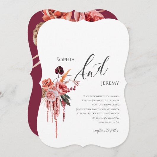 Invitation Aquarelle Bourgogne Mariage Fleurs séchées (Devant / Derrière)