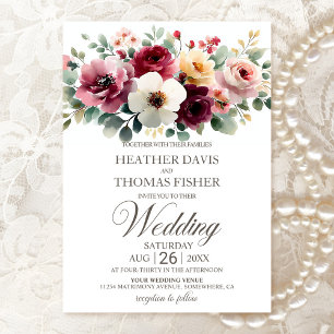 Invitation Aquarelle Bourgogne Mariage Floral
