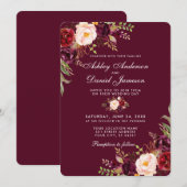 Invitation Aquarelle Bourgogne Mariage Floral Inviter R (Devant / Derrière)