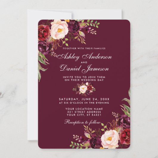 Invitation Aquarelle Bourgogne Mariage Floral Inviter R (Devant)