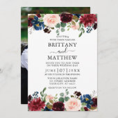 Invitation Aquarelle Bourgogne Mariage photo floral mixte (Devant / Derrière)