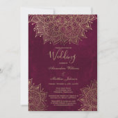 Invitation Aquarelle bourgogne or Mariage de mandala floral (Devant)
