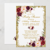 Invitation Aquarelle Bourgogne Parties scintillant Florale Ba (Devant / Derrière)