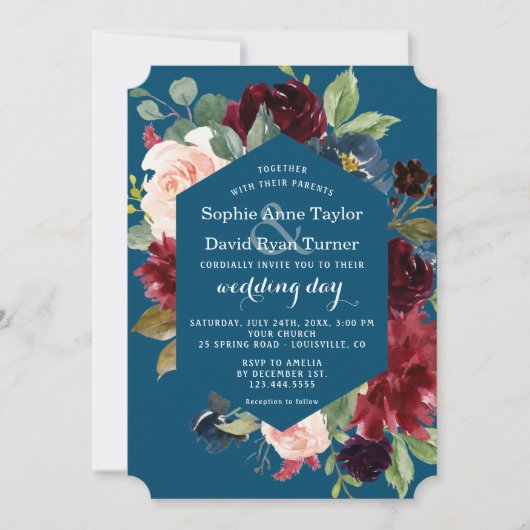 Invitation Aquarelle Bourgogne rose bleu Mariage Floral (Devant)