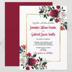 Invitation Aquarelle Bourgogne rose cadre or floral mariage