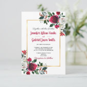 Invitation Aquarelle Bourgogne rose cadre or floral mariage (Debout devant)