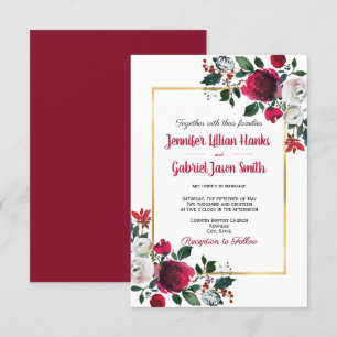 Invitation Aquarelle Bourgogne rose cadre or floral mariage