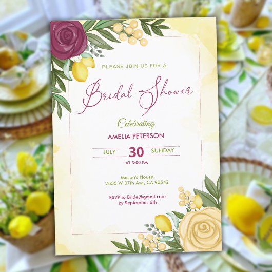 Invitation Aquarelle Bourgogne Rose & douche au citron