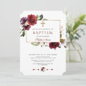 Invitation Aquarelle Bourgogne rose Floral Frame Baptême (Debout devant)