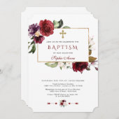 Invitation Aquarelle Bourgogne rose Floral Frame Baptême (Devant / Derrière)