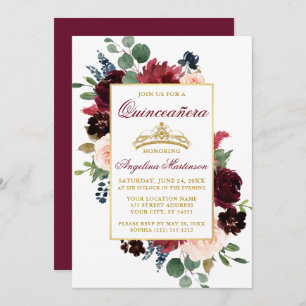 Invitation Aquarelle Bourgogne rose Floral Or Quinceanera