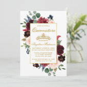 Invitation Aquarelle Bourgogne rose Floral Quinceanera (Debout devant)