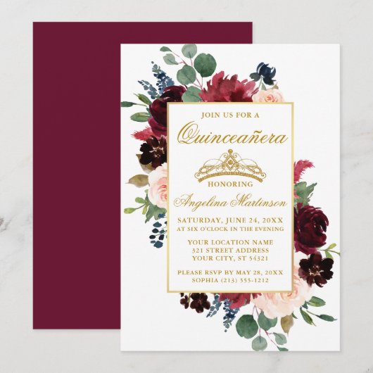 Invitation Aquarelle Bourgogne rose Floral Quinceanera (Devant / Derrière)