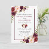 Invitation Aquarelle Bourgogne rose Mariage (Debout devant)