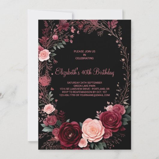 Invitation Aquarelle Bourgogne Roses 40e anniversaire (Devant)
