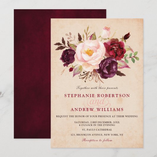 Invitation Aquarelle Bourgogne Rouge Floral Russe Boho (Devant / Derrière)