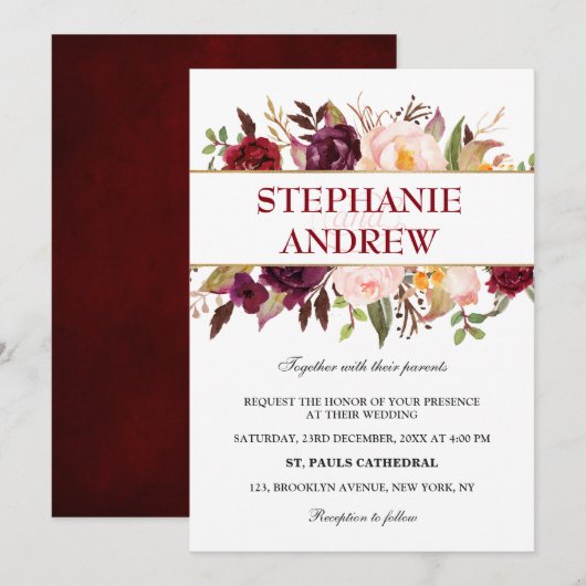 Invitation Aquarelle Bourgogne Rouge Floral Russe Boho (Devant / Derrière)