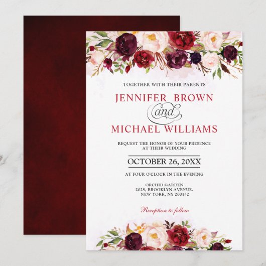 Invitation Aquarelle Bourgogne Rouge Floral Russe Boho (Devant / Derrière)