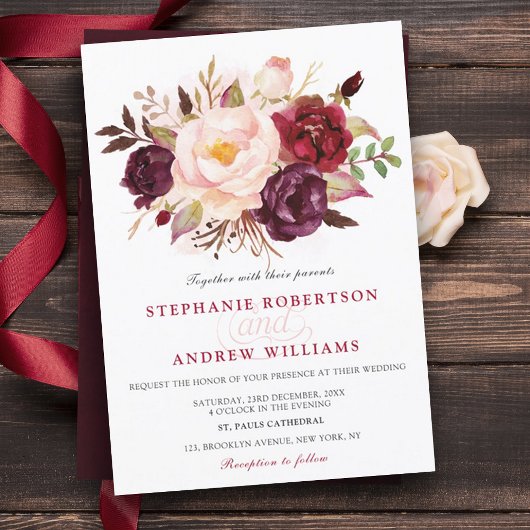 Invitation Aquarelle Bourgogne Rouge Floral Russe Boho