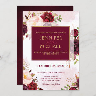 Invitation Aquarelle Bourgogne Rouge Floral Russe Boho