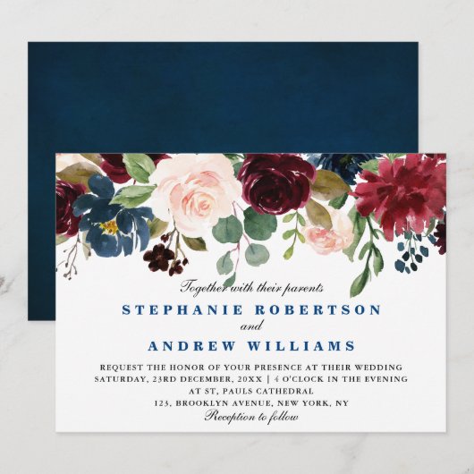 Invitation Aquarelle Bourgogne Rouge Marine bleu Floral Boho (Devant / Derrière)