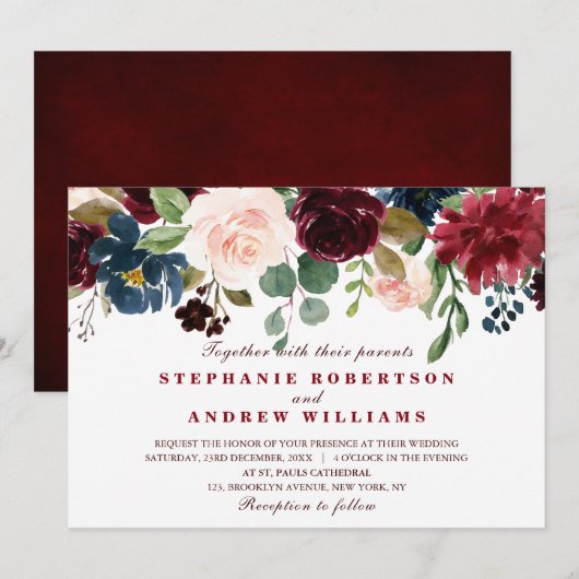 Invitation Aquarelle Bourgogne Rouge Marine bleu Floral Boho (Devant / Derrière)