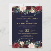 Invitation Aquarelle Bourgogne Rouge Marine Floral Russe Boho (Devant)