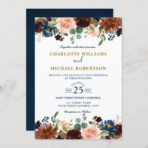 Invitation Aquarelle Bourgogne Rouge Marine Floral Russe Boho