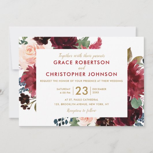 Invitation Aquarelle Bourgogne Rouge Marine Floral Russe Boho (Devant)