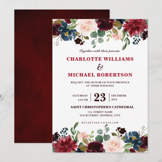 Invitation Aquarelle Bourgogne Rouge Marine Floral Russe Boho (Devant / Derrière)