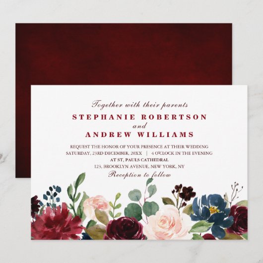 Invitation Aquarelle Bourgogne Rouge Marine Floral Russe Boho (Devant / Derrière)