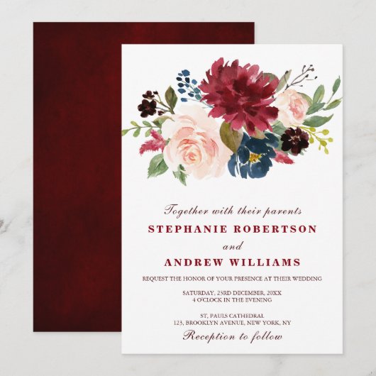 Invitation Aquarelle Bourgogne Rouge Marine Floral Russe Boho (Devant / Derrière)
