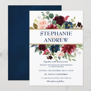 Invitation Aquarelle Bourgogne Rouge Marine Floral Russe Boho
