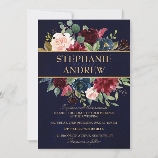Invitation Aquarelle Bourgogne Rouge Marine Floral Russe Boho (Devant)