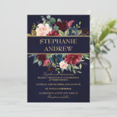 Invitation Aquarelle Bourgogne Rouge Marine Floral Russe Boho (Debout devant)