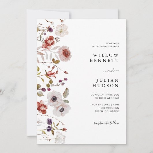 Invitation Aquarelle Bourgogne rousse Mariage Floral (Devant)