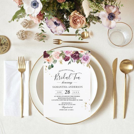 Invitation Aquarelle Bourgogne Rustique Fleurs et gouttes d'o